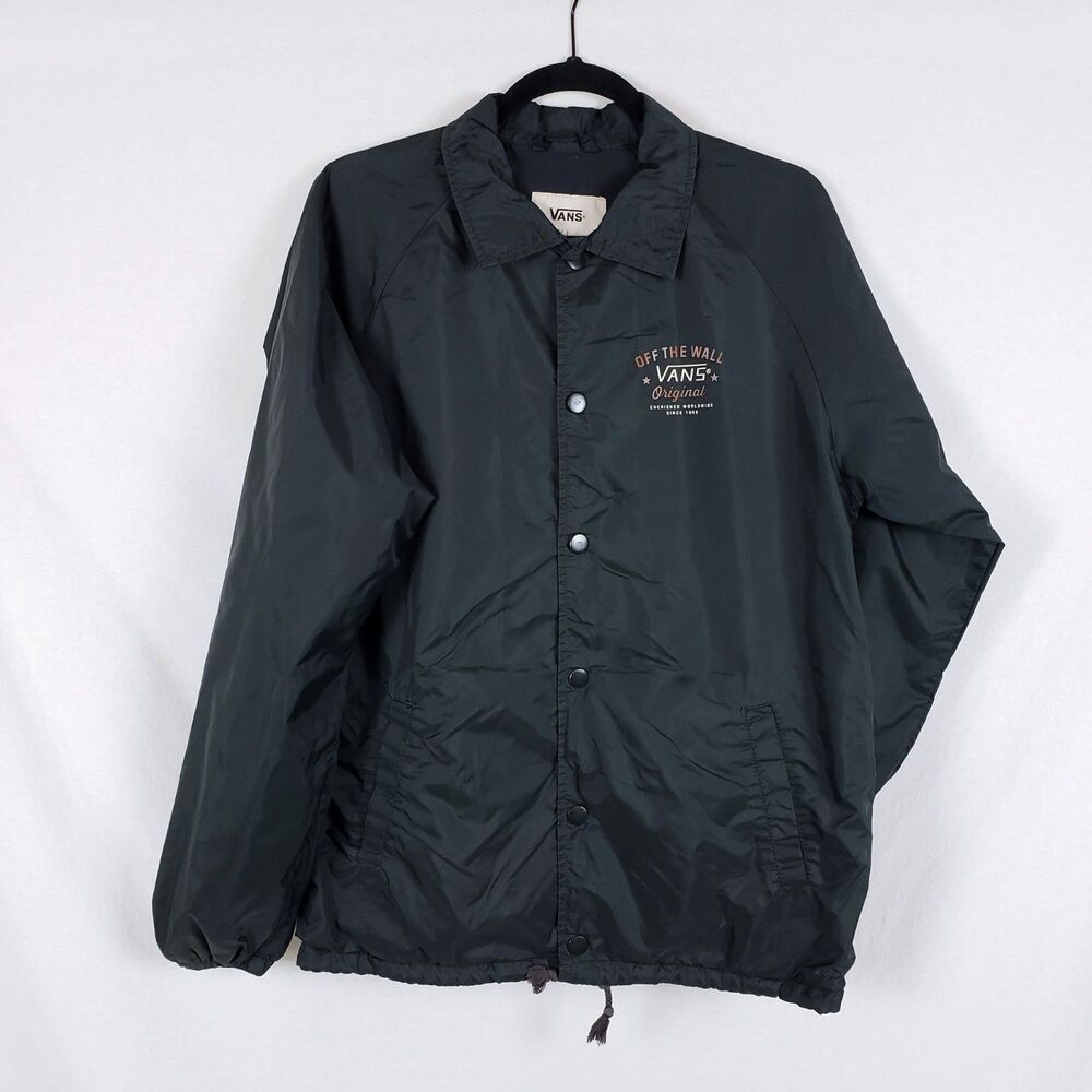 Vans Coach Jacket Mens M Black Snap Button Collared Windbreaker Skater Sporty
